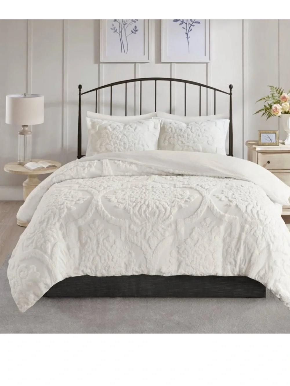 3pc Full/Queen Eugenia Cotton Damask Com forter Set White